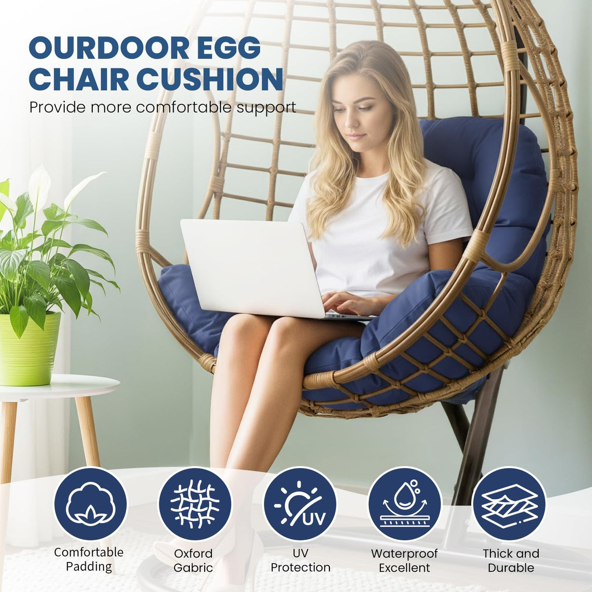 STAYDEN Egg Chair Cushion blue strap fixation for stable outdoor lounging
