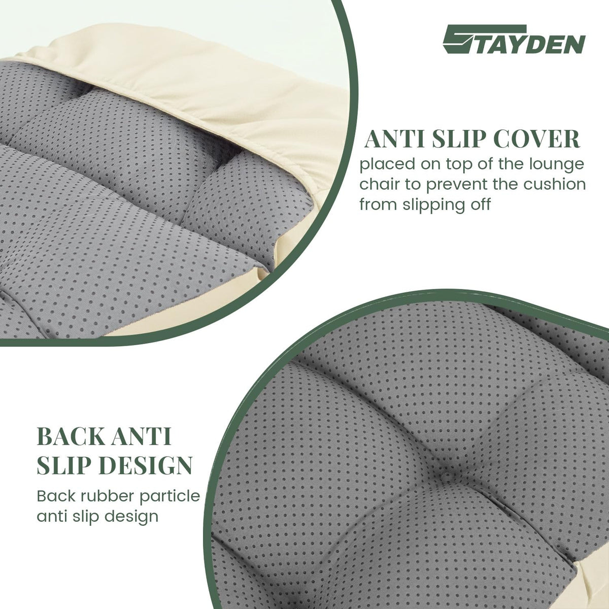 STAYDEN cushion strap fix illustrates secure fit on various chaise loungers.