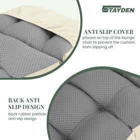 STAYDEN cushion strap fix illustrates secure fit on various chaise loungers.