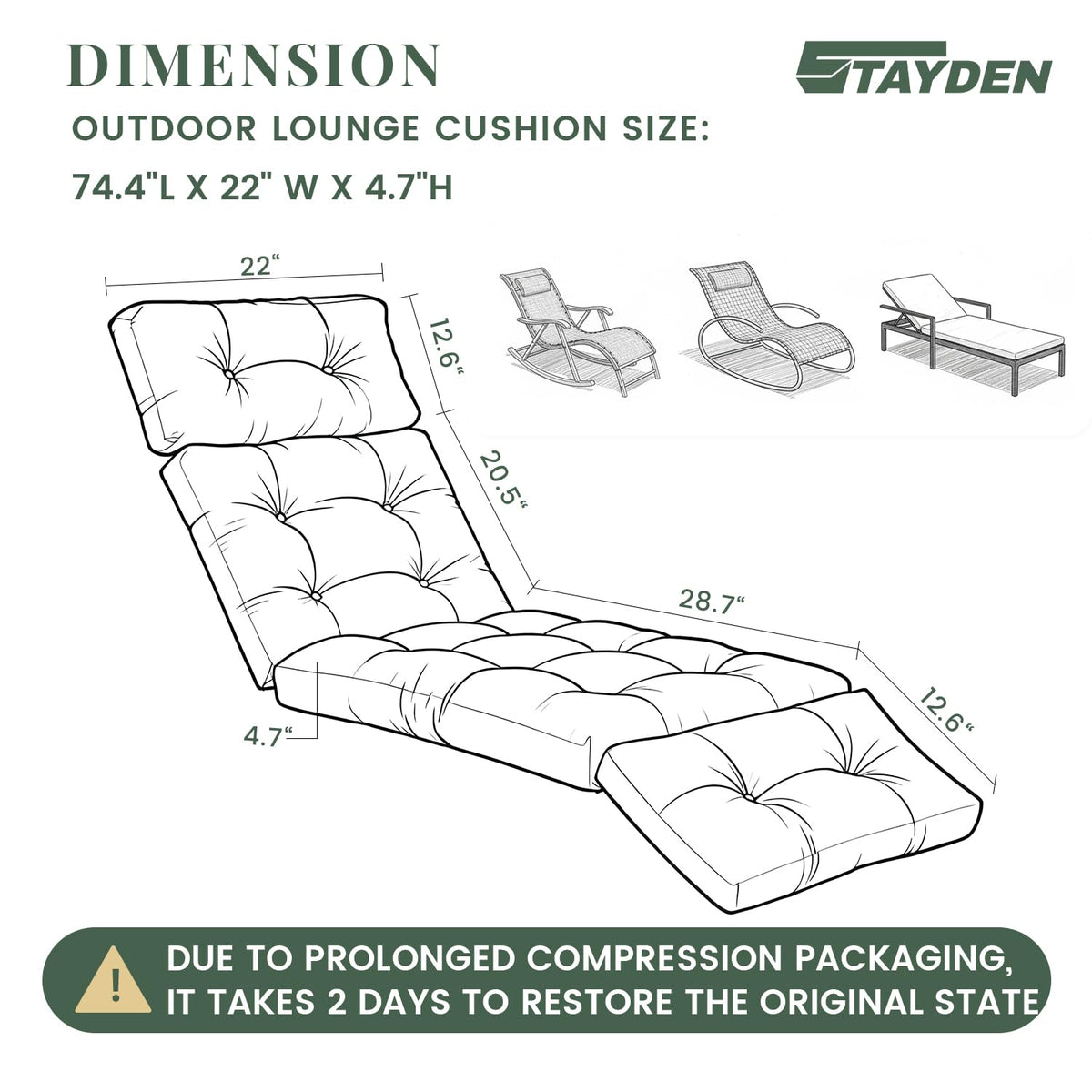 STAYDEN cushion side view highlights thick, 4.7-inch padding for relaxation.