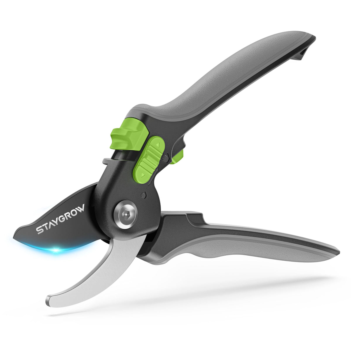 STAYGROW pruning shears blade closeup highlights sharp SK5 edge for pristine cuts.