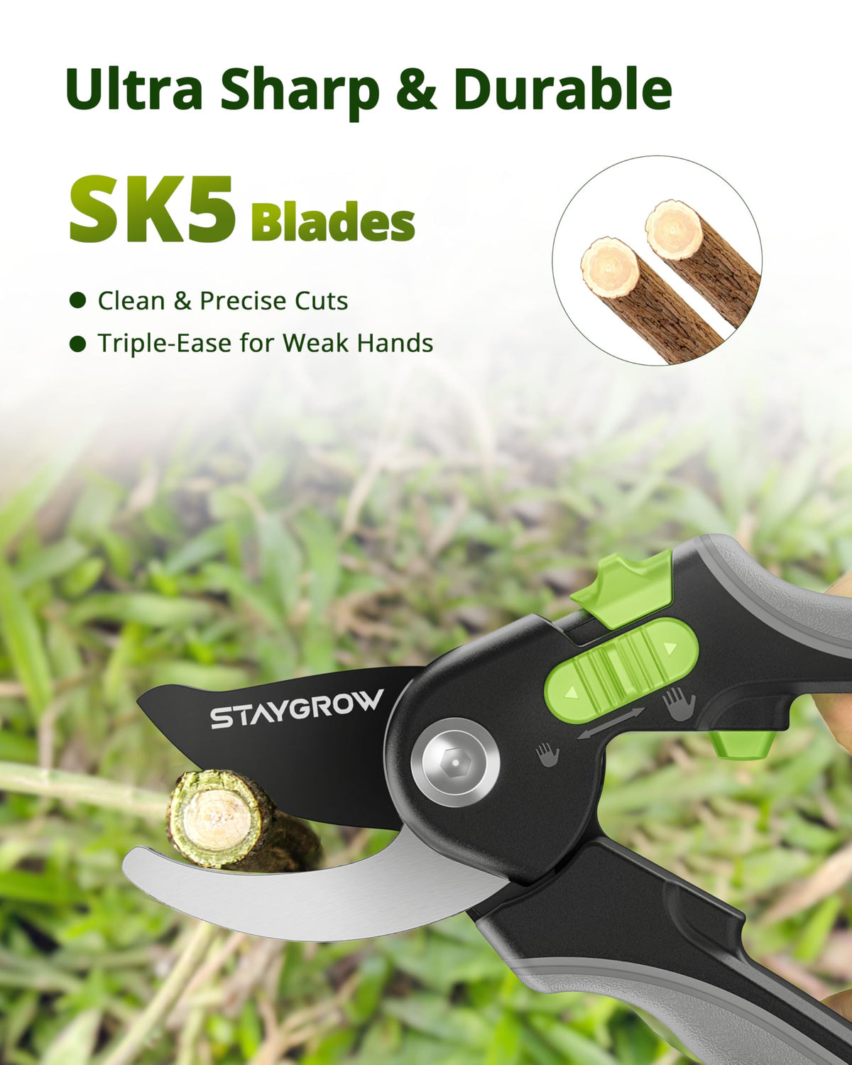 STAYGROW pruning shears dual-handle design fits both large and small hands.