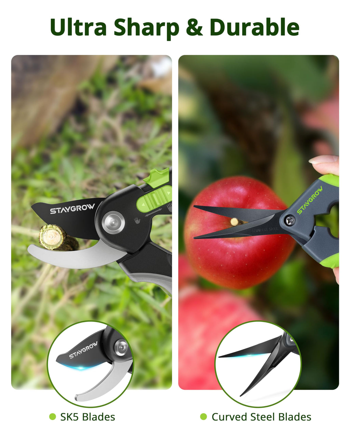 STAYGROW pruning shears with ergonomic handles enable comfortable long sessions.