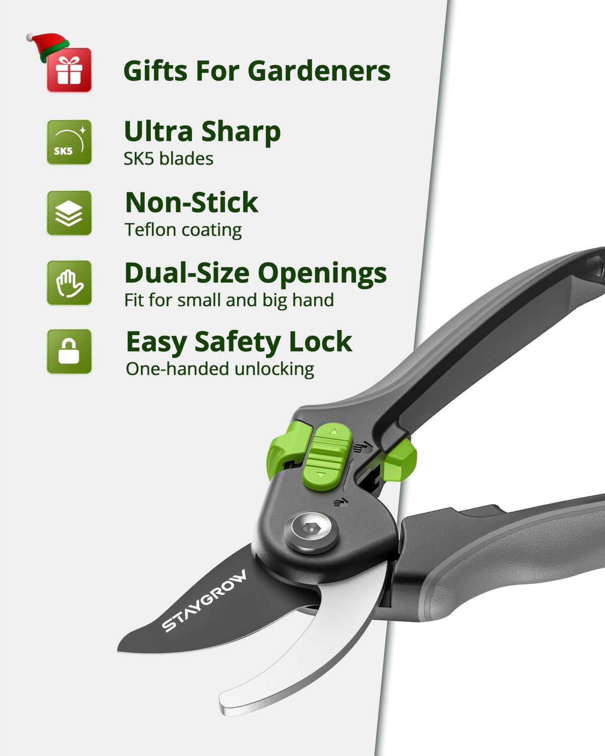 STAYGROW pruning shears Teflon-coated blade delivers smooth, non-stick cuts.