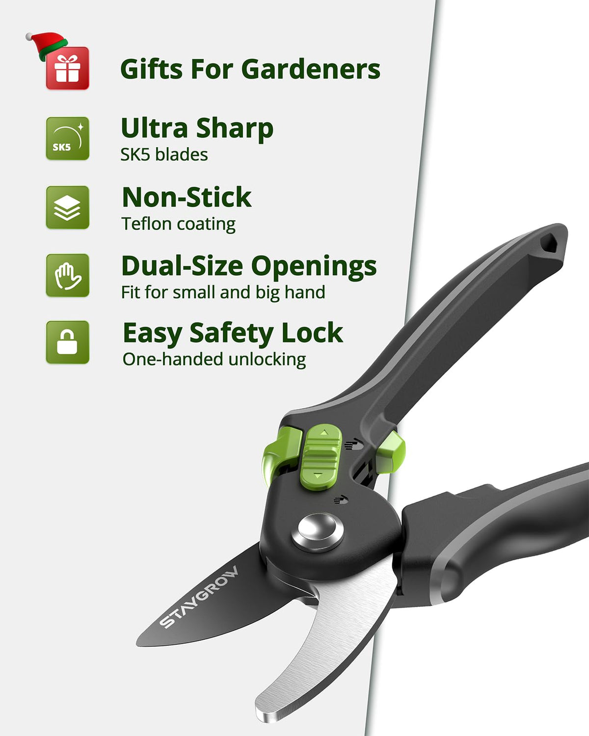 STAYGROW garden scissors safety lock keeps blades secured.