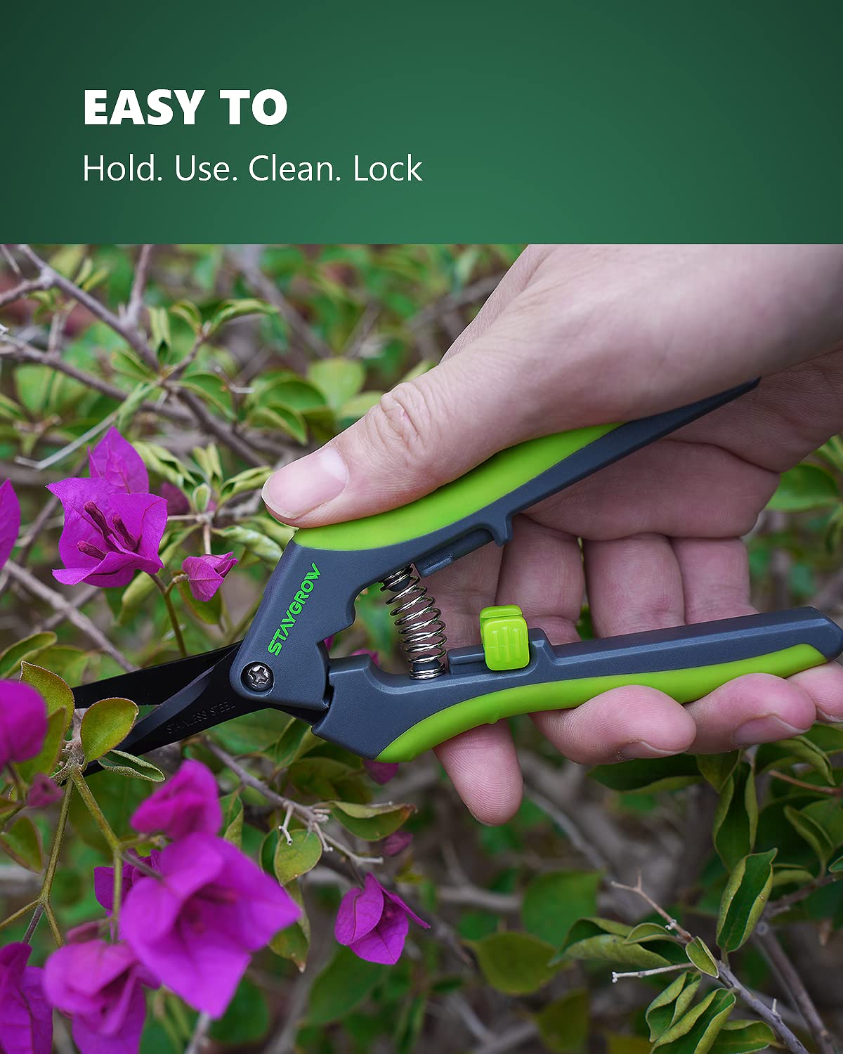 STAYGROW spring-loaded action reduces hand fatigue during pruning