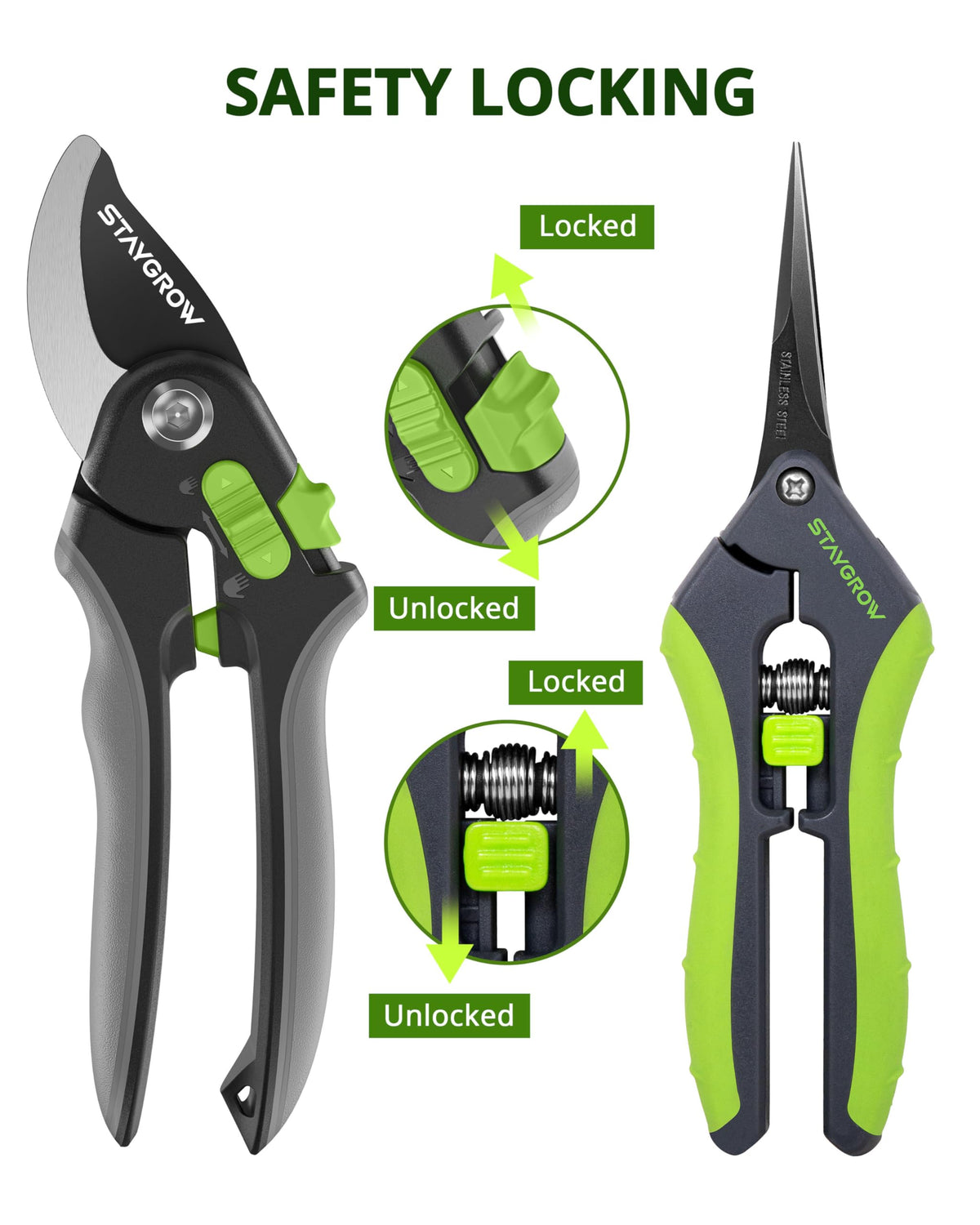 STAYGROW stainless steel pruner with rust-resistant coating for all-weather use.