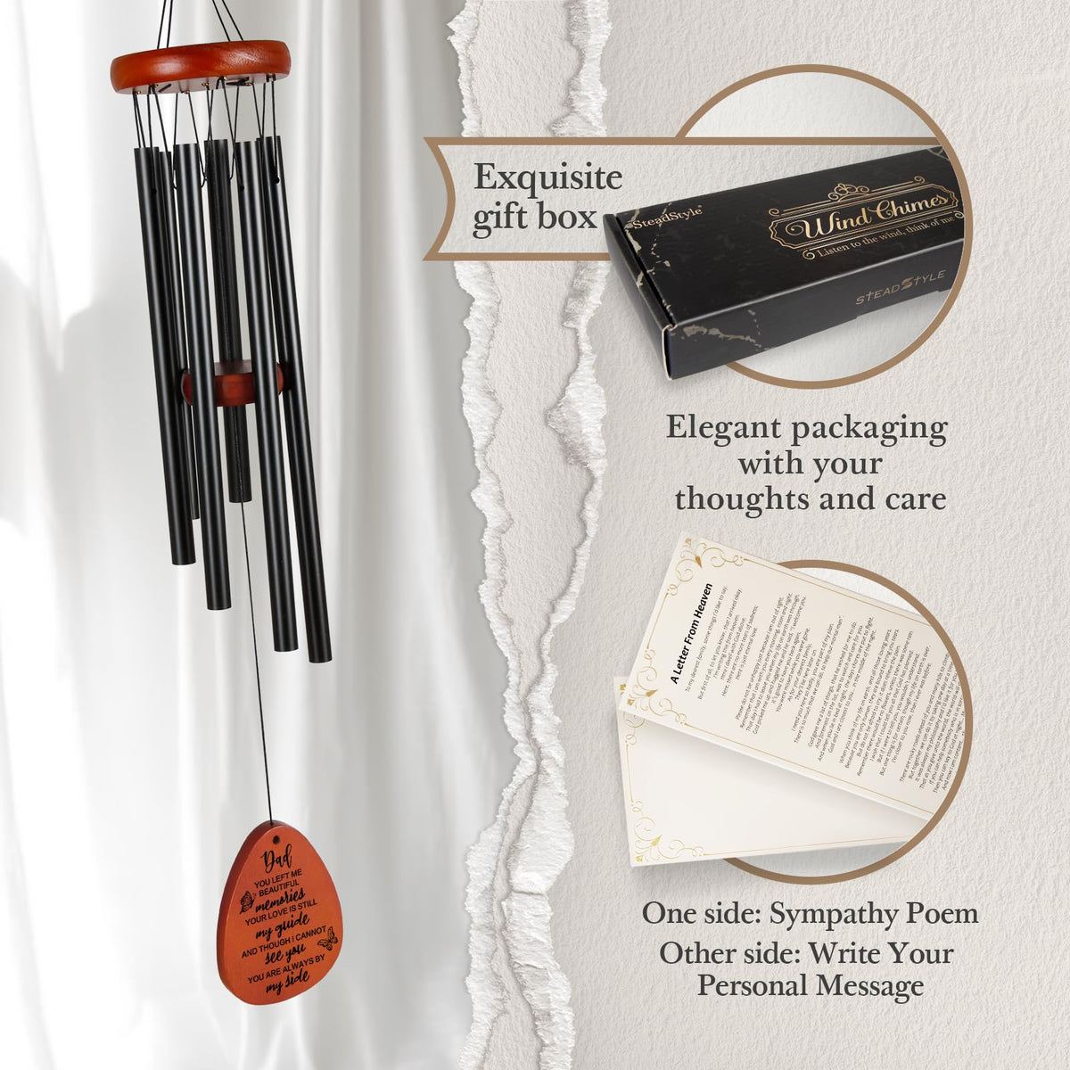 SteadStyle memorial wind chimes packaging with Letter from Heaven card for thoughtful gifting.