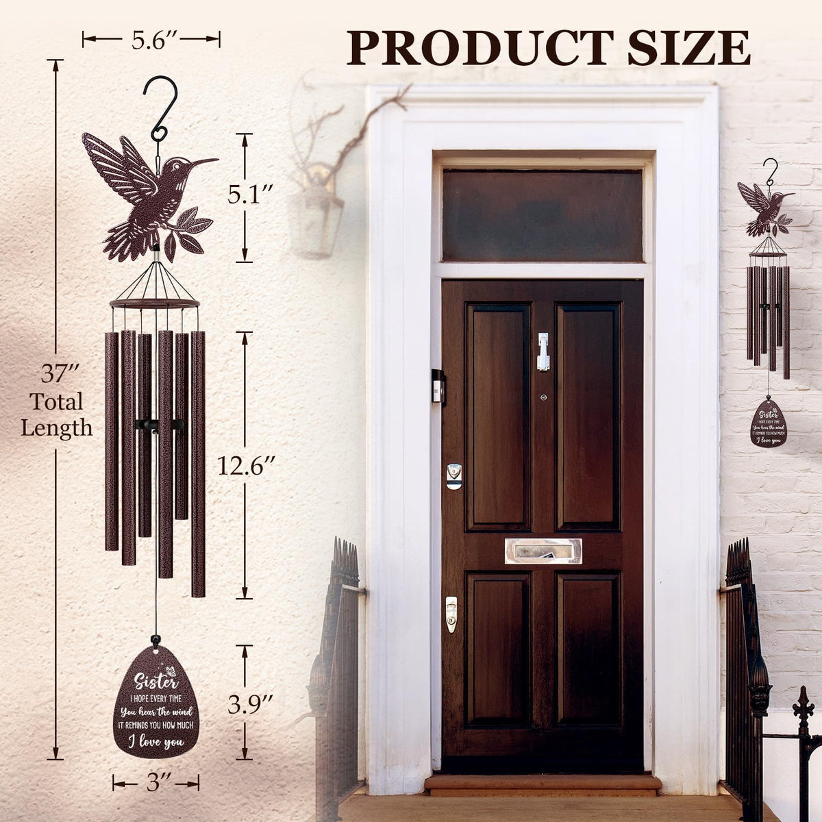 SteadStyle sister wind chime closeup of wooden plaque complements outdoor decor
