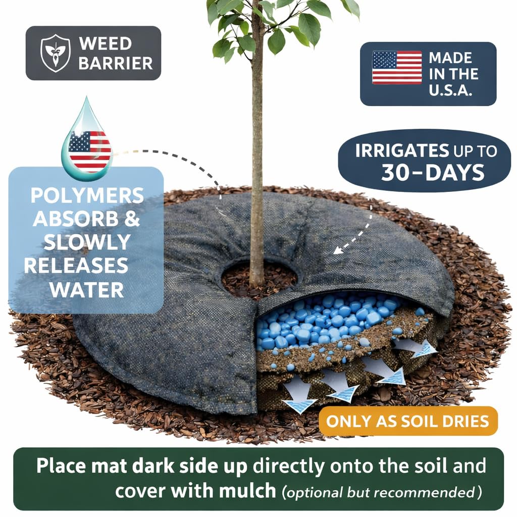 SteadySpring 24in tree water mat for dry-season use.