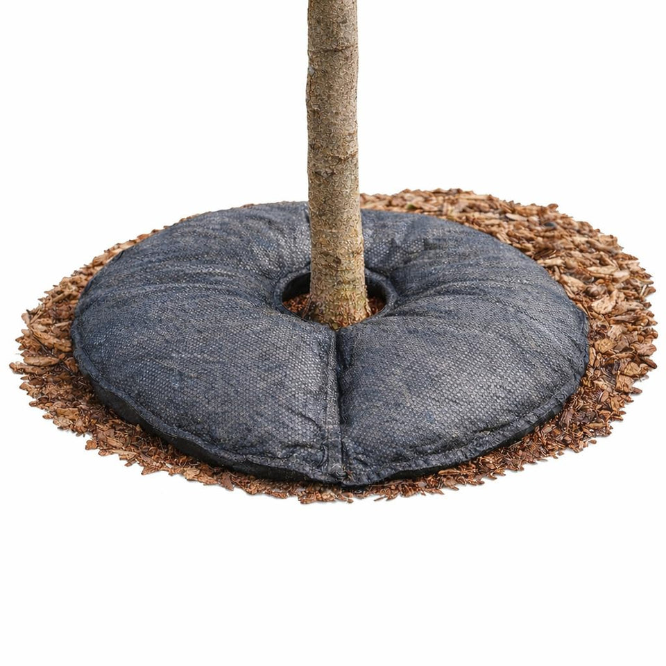 SteadySpring 24in tree water mat side view with auto-refill feature.