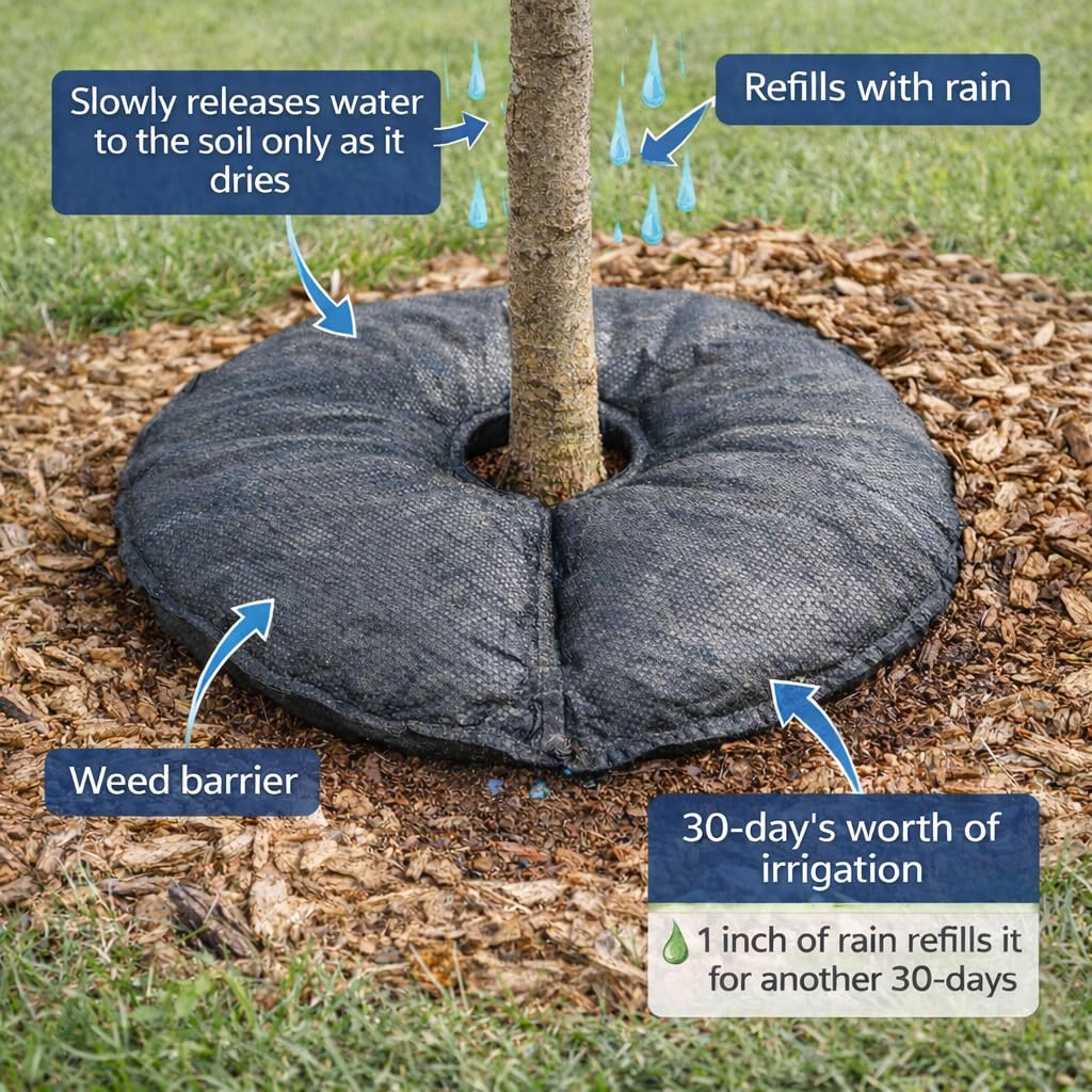 SteadySpring 24in tree water mat top view showing rain-powered refill.