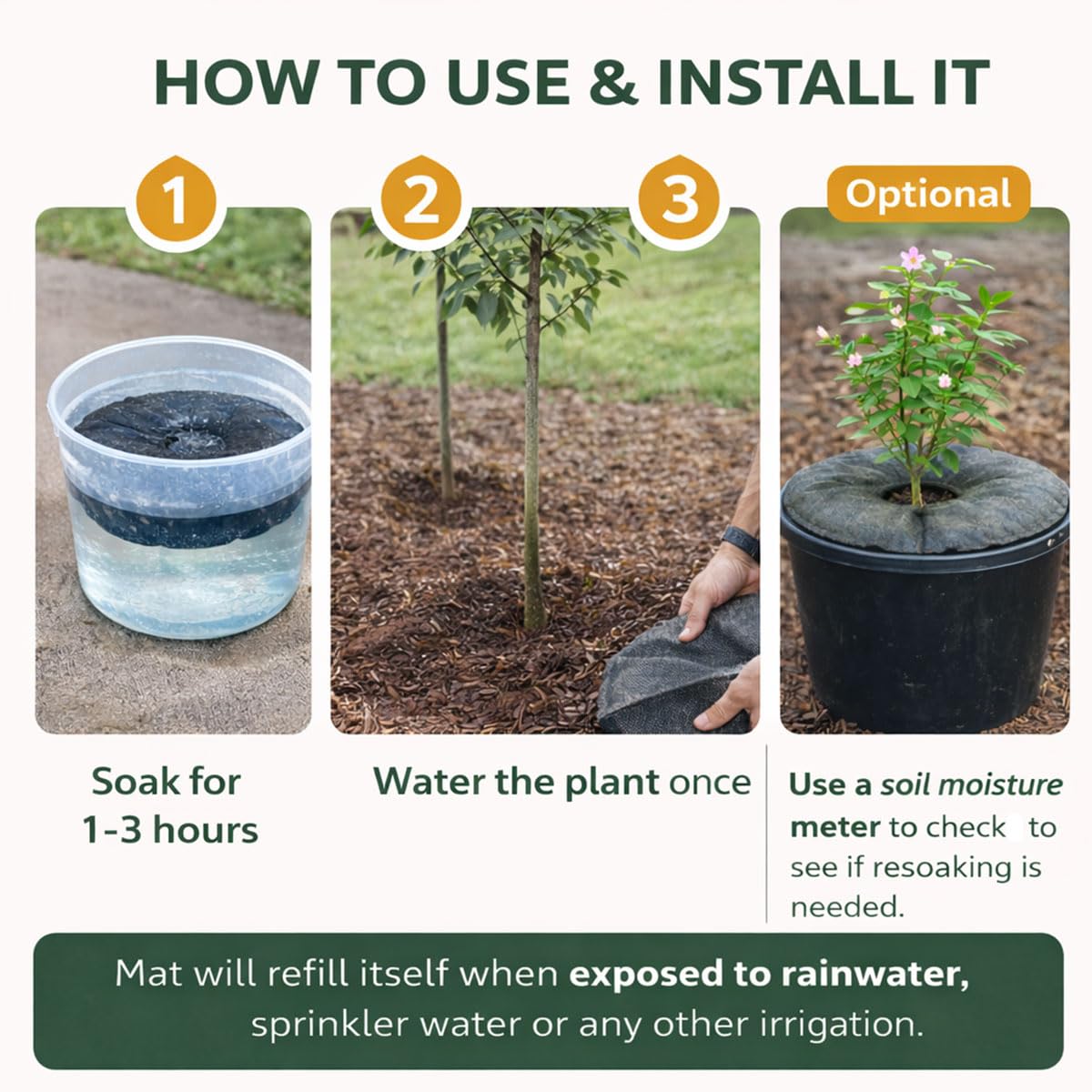 SteadySpring tree water mat rain refill action after rainfall.