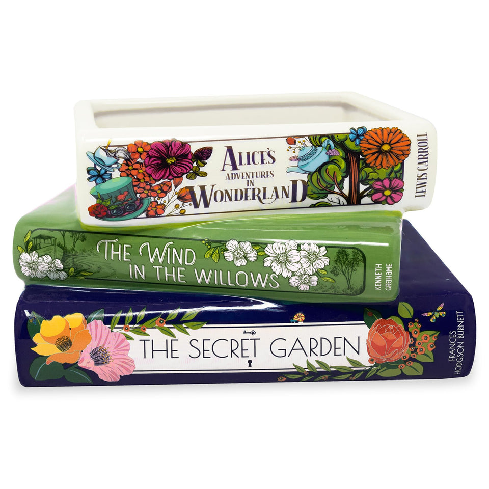 Steel Mill & Co book-shaped planter featuring Alice design adds bookish charm to shelves.