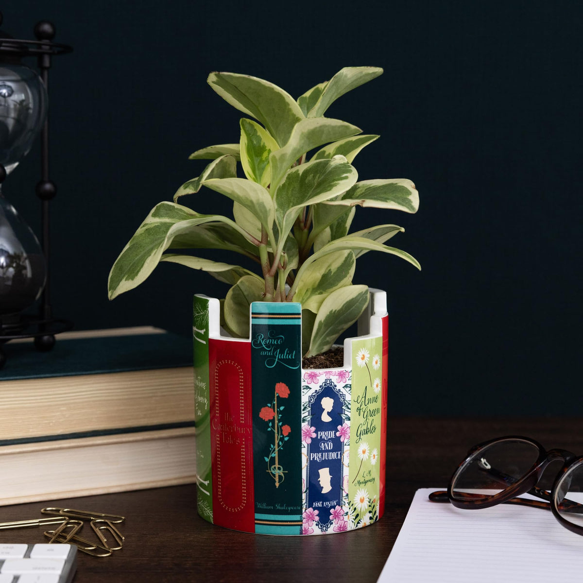 Steel Mill & Co ceramic desk pot on a bedroom table with plants.