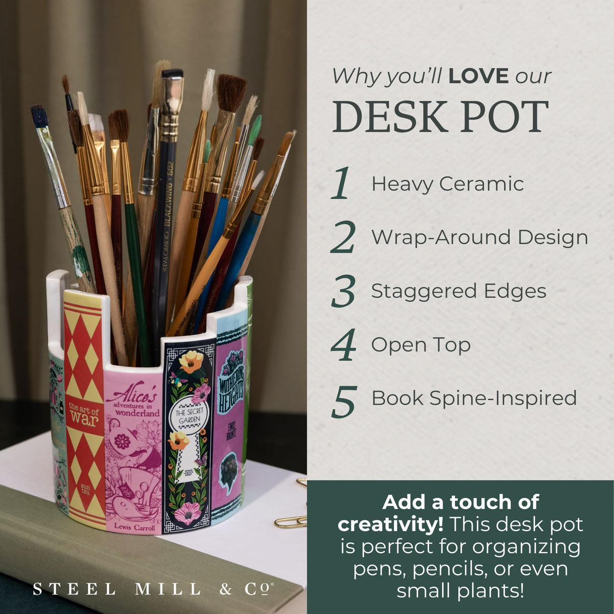 Steel Mill & Co ceramic desk pot small plant vase on a desk.