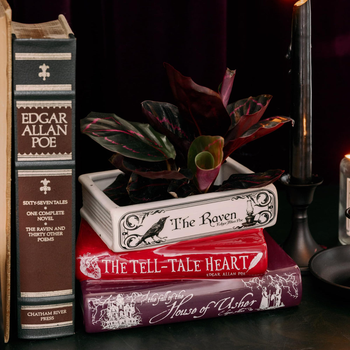 STEEL MILL AND CO tell-tale heart detail, elegant book planter enhances home office ambiance.