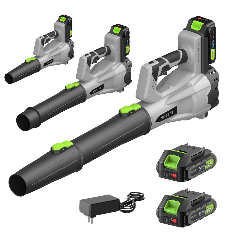 Steelite 21V cordless leaf blower front view highlighting lightweight design for easy yard cleanup.