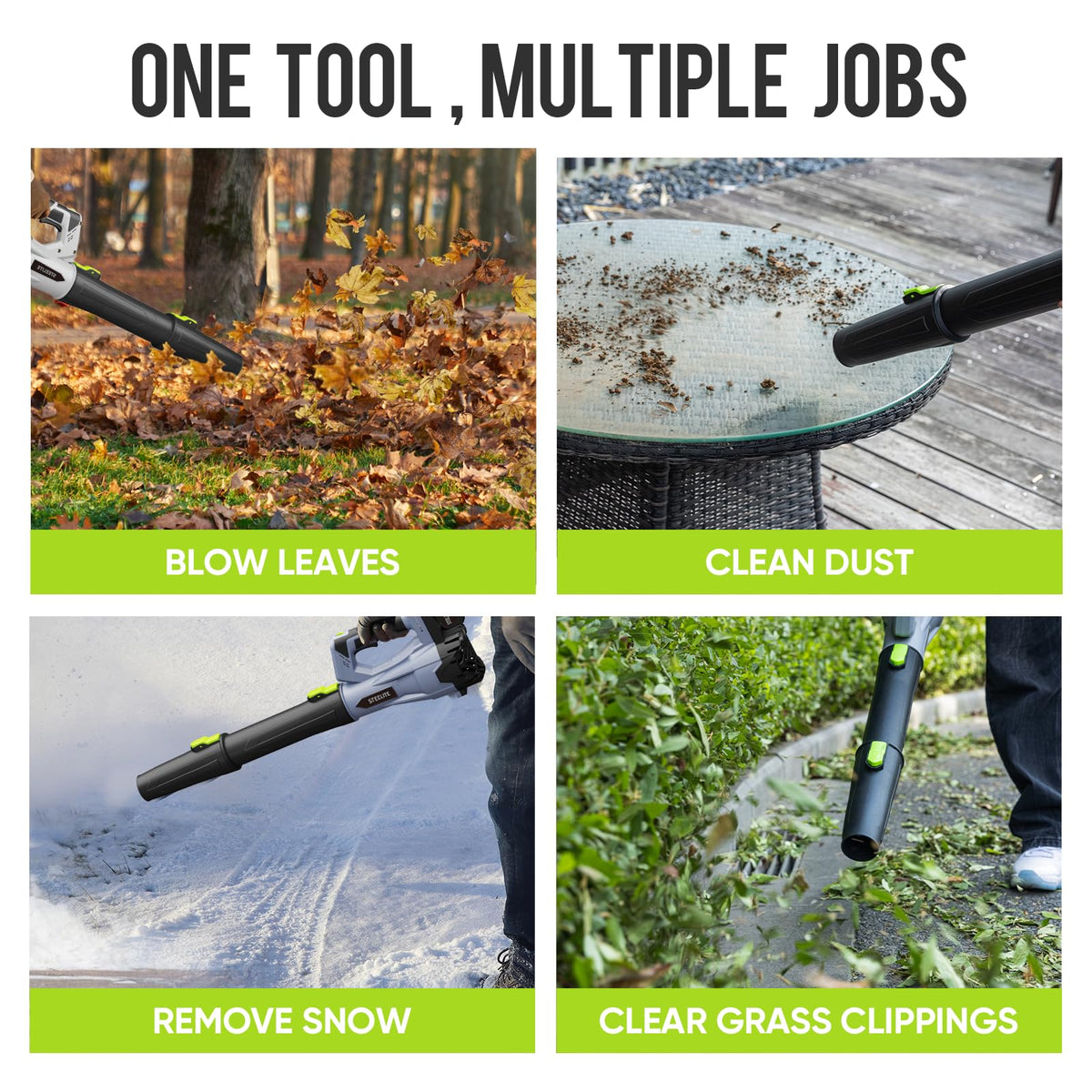 Steelite 21V in-use on leaves and debris for efficient yard clearing.