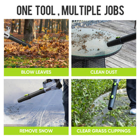 Steelite 21V in-use on leaves and debris for efficient yard clearing.