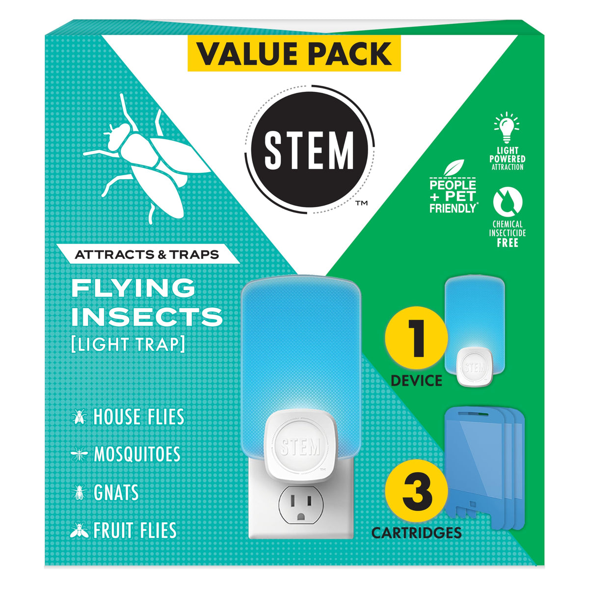 Stem Insect Trap front view with blue light attracting fruit flies in the kitchen
