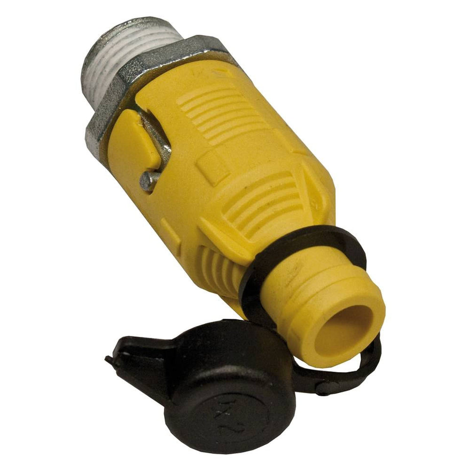 Stens 125-508 oil drain valve close-up; quick-twist opening enables mess-free oil changes.