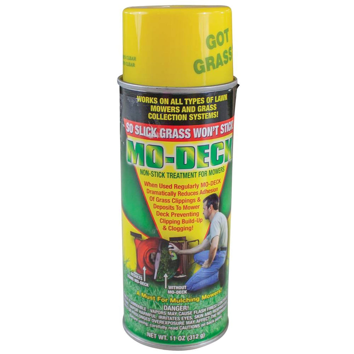 Stens Mo-Deck Spray 11 oz aerosol can shown; keeps dirt and grass off mower decks.