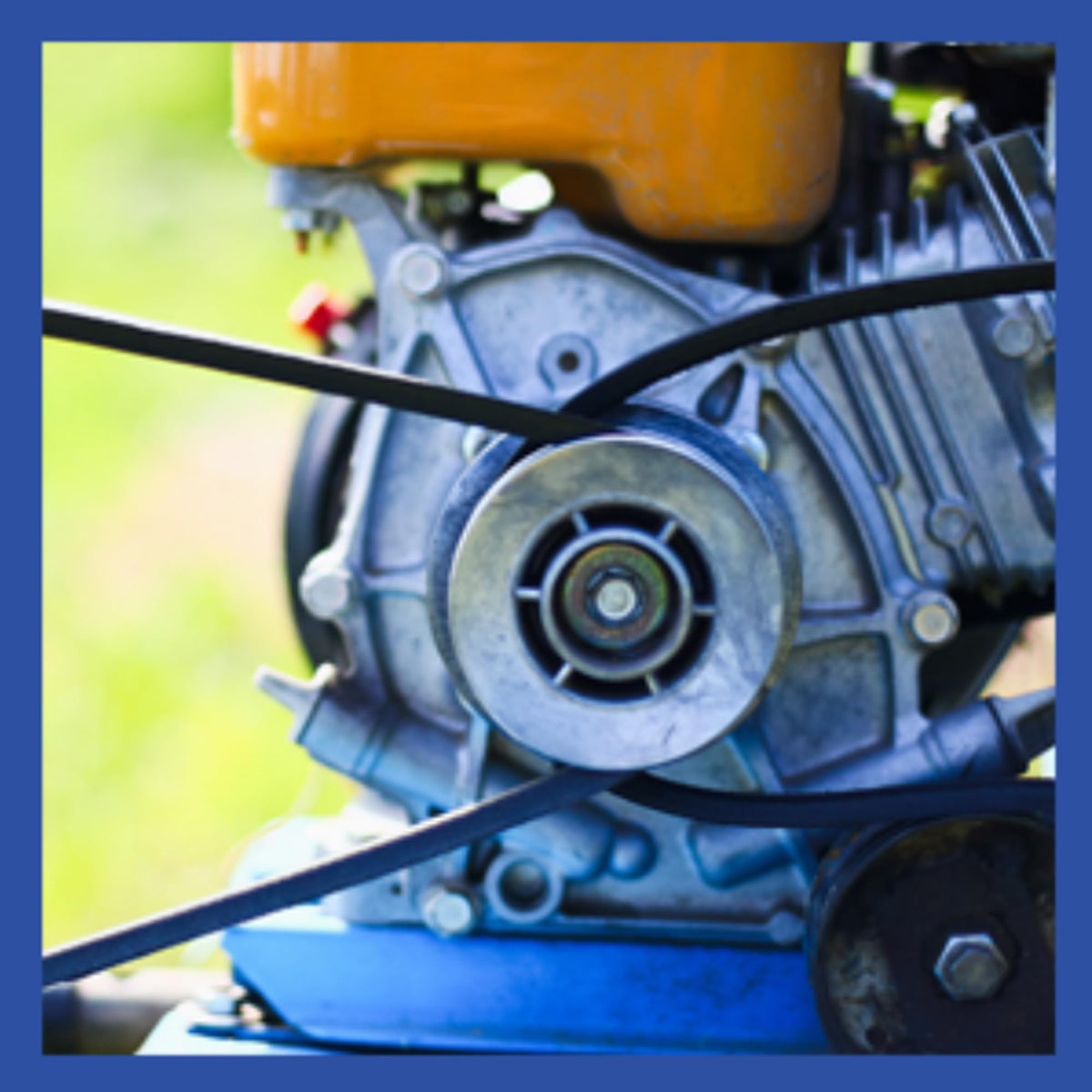 Close-up of belt material highlights durability for mowing tasks.
