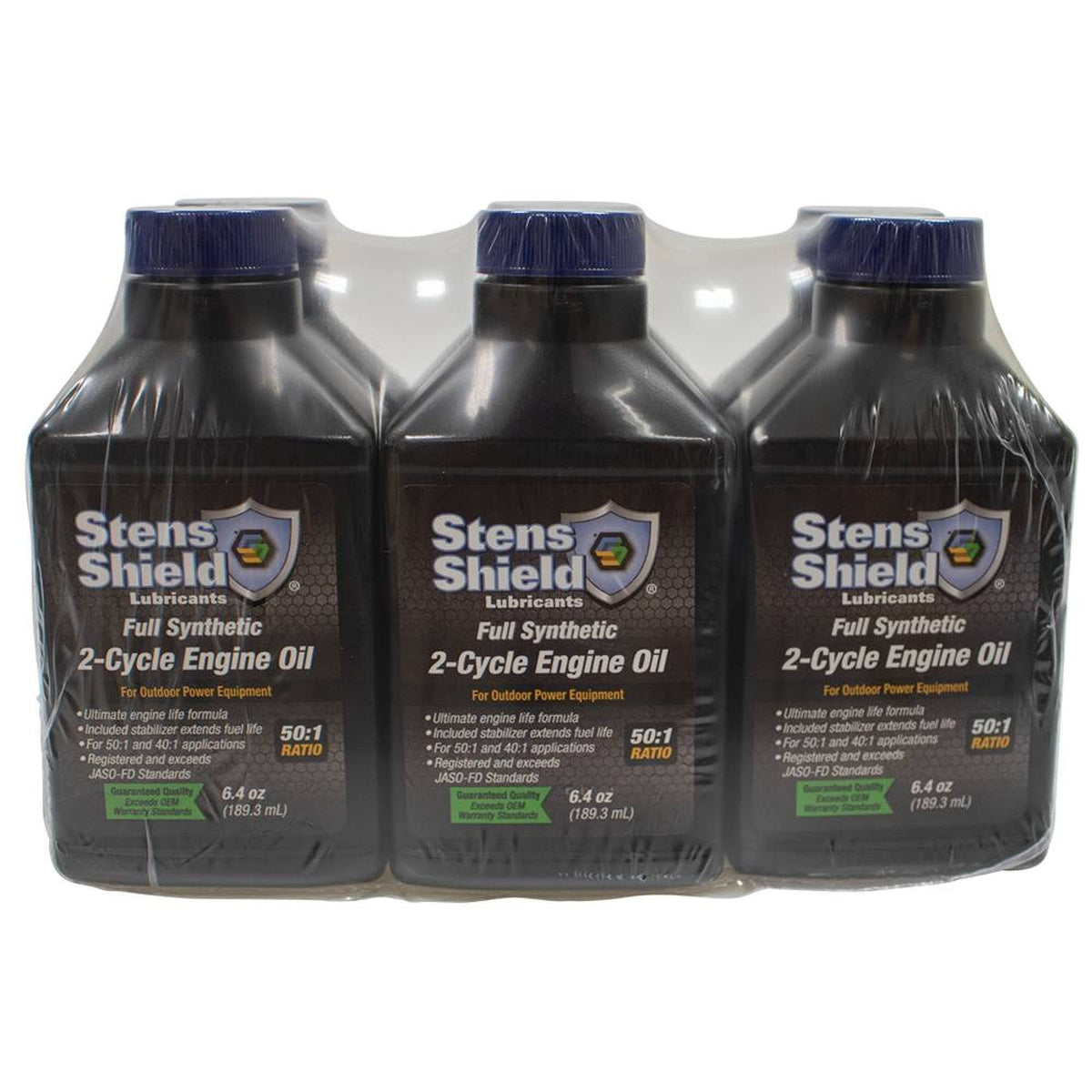 Stens Shield 2-Cycle Oil bottles wrapped in case for organized maintenance.