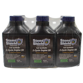 Stens Shield 2-Cycle Oil bottles wrapped in case for organized maintenance.
