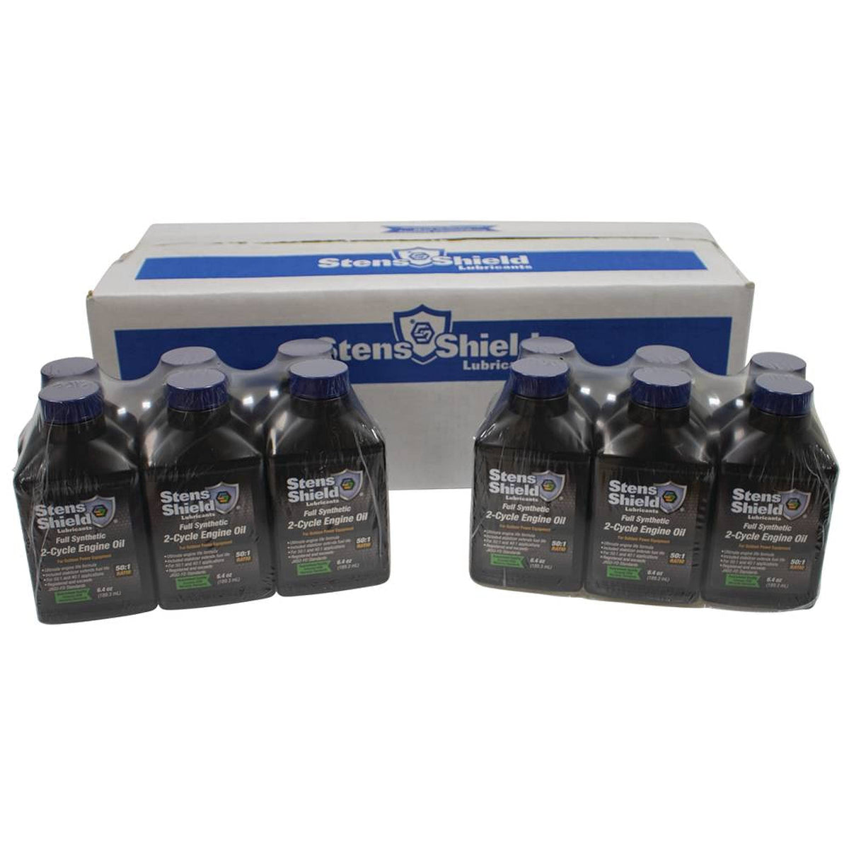 Stens Shield 2-Cycle Oil case packaging shown for easy bulk ordering and storage.