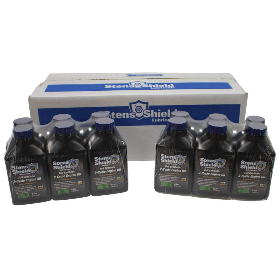Stens Shield 2-Cycle Oil case packaging shown for easy bulk ordering and storage.