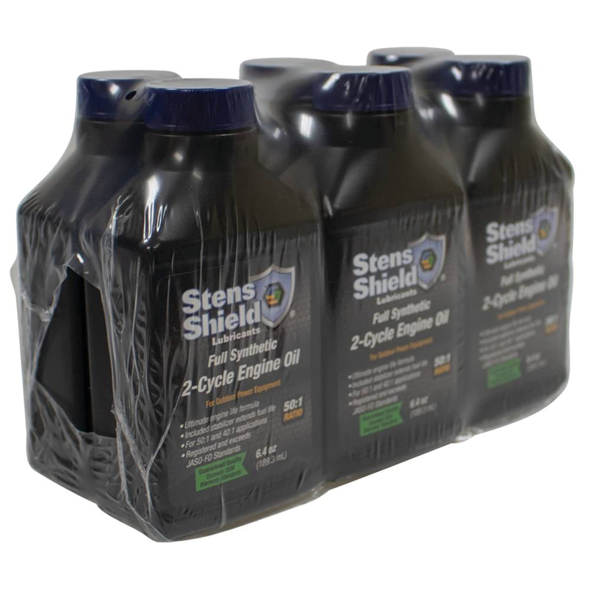 Stens Shield 2-Cycle Oil label with mix guide for accurate fuel ratios.