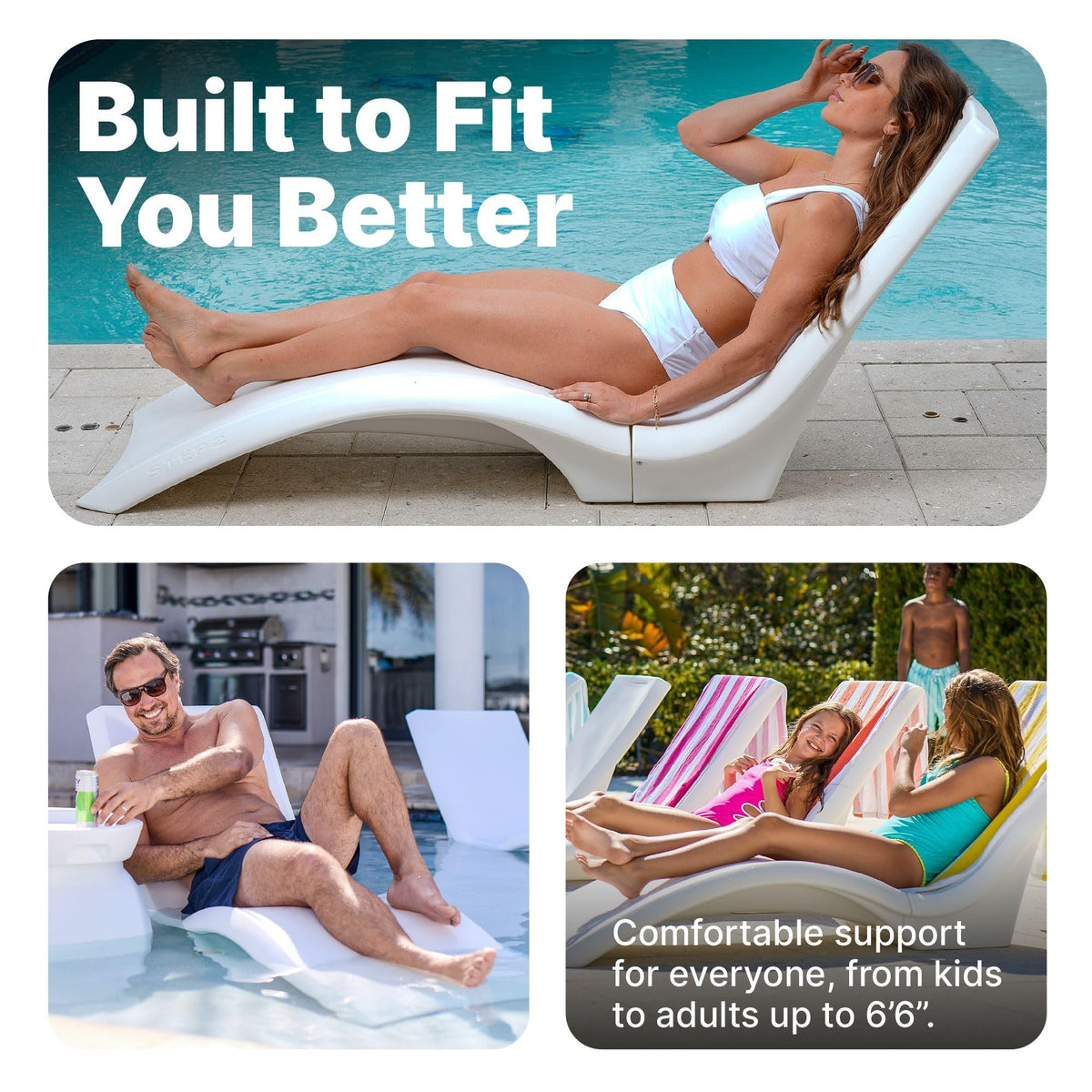 Step2 Vero Pool Lounger weatherproof design withstands sun, chlorine, and saltwater.