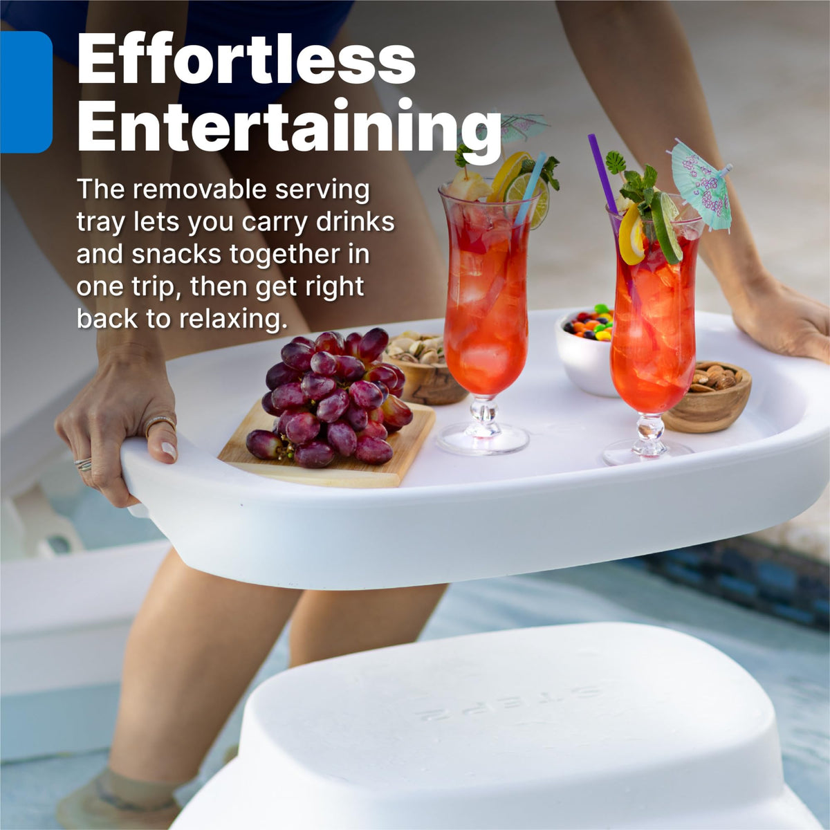 Step2 Vero side table used poolside for coffee, snacks, and drinks.