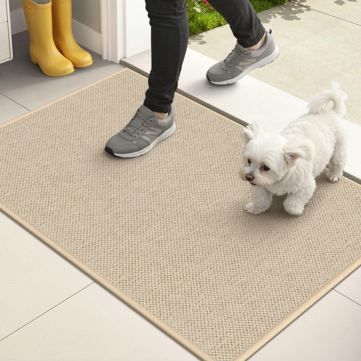 StepAura door mat 17x29 beige absorbs water and dirt at the entryway for busy homes
