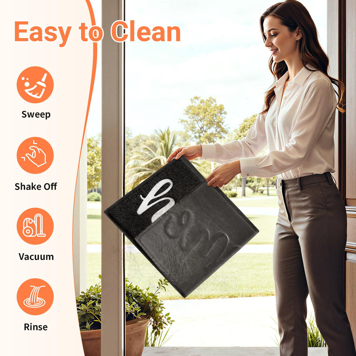 StepLively easy-clean mat; shake, sweep, or hose rinse for quick maintenance.