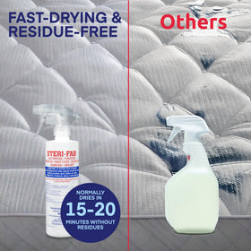 Steri-Fab spray on carpet captures odor elimination and bacteria reduction.