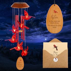 STF ShangTianFeng cardinal wind chimes outdoors glow at night with solar powered charm