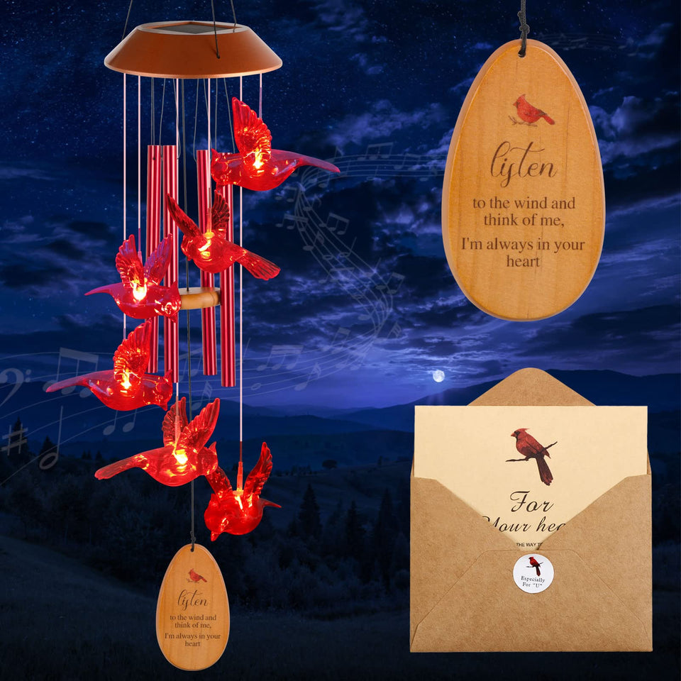 STF ShangTianFeng cardinal wind chimes outdoors glow at night with solar powered charm