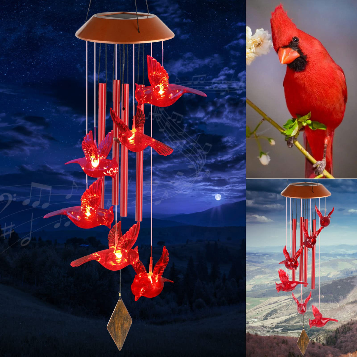 STF ShangTianFeng cardinal wind chimes outdoors with solar-powered LEDs for colorful ambience.