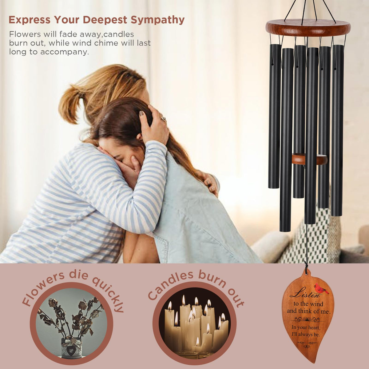STF Sympathy Wind Chimes with silver-reflection wood pairing enriches any garden