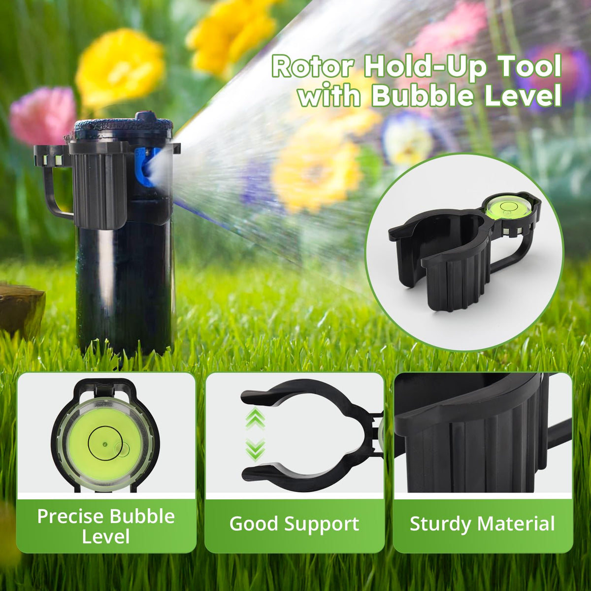 Combined bubble level and hold-up tool for accurate rotor alignment.
