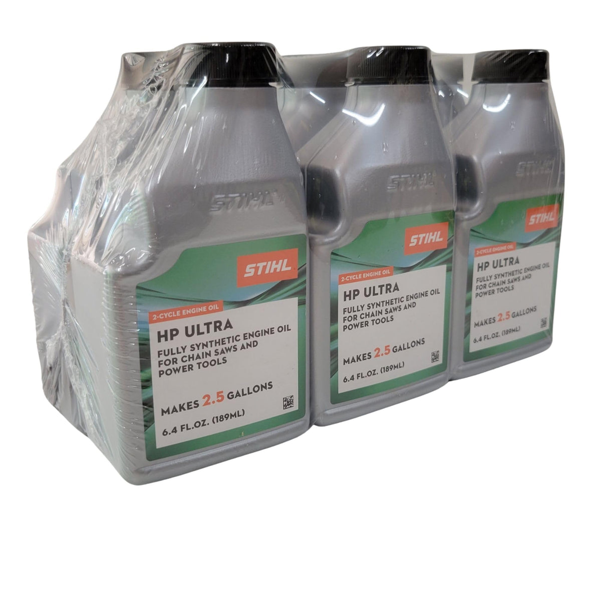 STIHL label detail shows 6.4-ounce capacity and premix potential