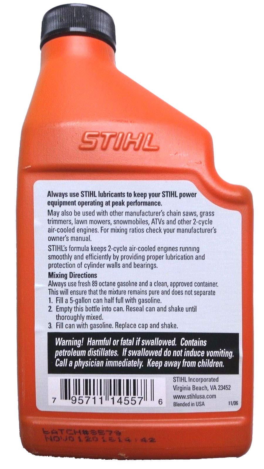 STIHL 12.8 oz oil bottle with label supports smooth operation in professional chainsaws