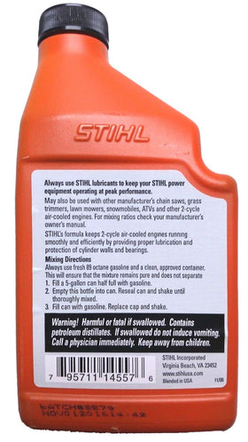 STIHL 12.8 oz oil bottle with label supports smooth operation in professional chainsaws