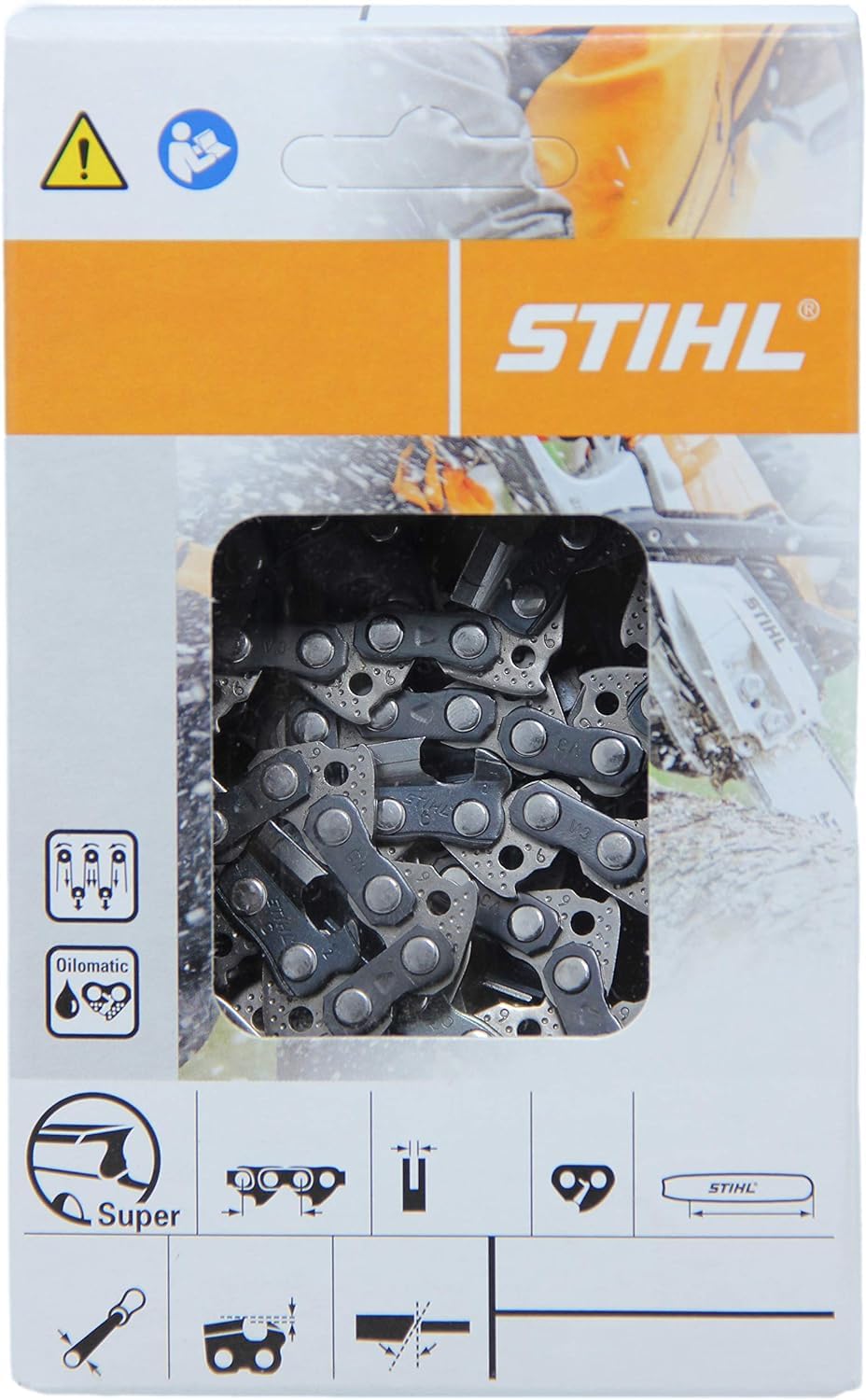 STIHL 26RS68 chain close-up shows robust teeth for clean, efficient cutting.