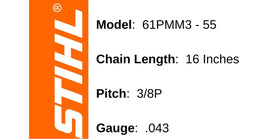 Stihl 3610 005 0055 chain pitch closeup shows 3/8 inch pitch for speed