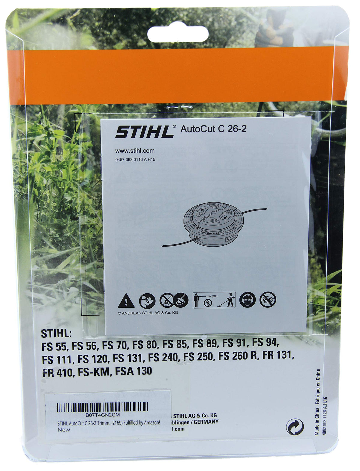 Stihl AutoCut C 26-2 trimmer head action enables efficient lawn maintenance.