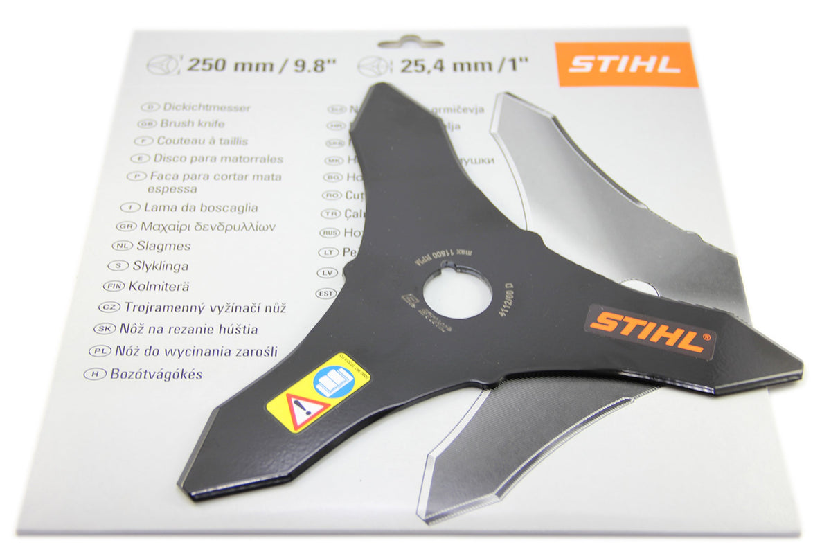 Stihl brush knife steel blade edge highlighting durable construction.